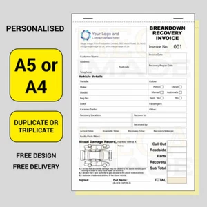 BREAKDOWN RECOVERY INVOICE FORM, PERSONALISED PRINTED NCR, A4 or A5 SIZE - Picture 1 of 2