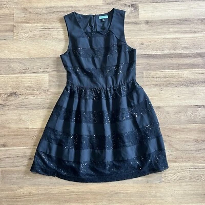 Vestido Cynthia Rowley Negro Lentejuelas Cóctel Fiesta Talla 10 Rayas Con Bolsillos Foto 1 de 4