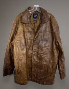Vintage gap brown brown leather long jacket size XL quilted lining 5 Buttons - Picture 1 of 15