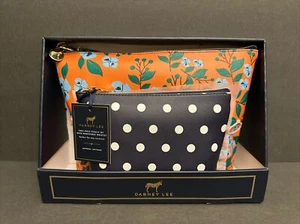 Dabney Lee Cosmetic Bag Makeup Pouch Travel Wristlet/Purse 2 pc. Set Navy~Orange - Picture 1 of 17