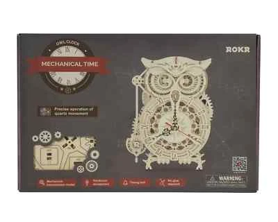 New Package ROBOTIME ROKR Owl Clock 3D Wooden Puzzle DIY Mechanical Kit LK503 - Image 1 of 4
