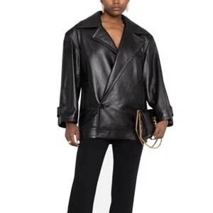 Women's Genuine Leather Blazer, Lambskin Leather Long-Line Double-Breasted - Picture 1 of 8