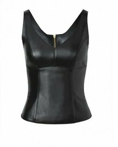 SEXY BLACK Womens Real  Fitted Lambs Leather Vest / Top  Most Sizes  - Picture 1 of 3