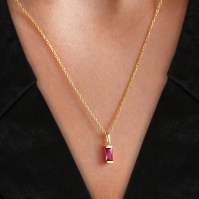 0.40Ct Baguette Cut Ruby Unique Pendant Necklace 14K Yellow Gold Womens Necklace - Image 1 of 4