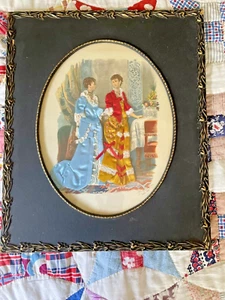 Vintage French Fabric Embellished Ladies Print Wooden Frame - Picture 1 of 12