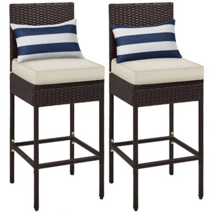 Set of 2 Outdoor PE Rattan Bar Stools, Outdoor Bar Height Chairs, Brown/Beige - Picture 1 of 12