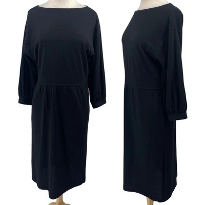 Vintage Halston Wool Midi Sheath Dress Boat Neck 3/4 Sleeve Black Womens 12 - Image 1 of 4
