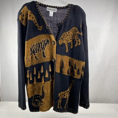 Victoria Harbour 开衫毛衣女式 XL 码黑色刺绣野生动物园成熟 — 第 1/4 张图片