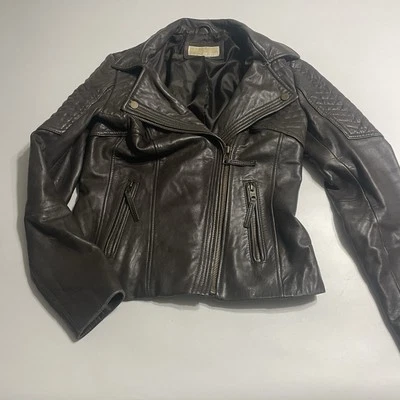 Michael Kors Chaqueta Moto Cuero Marrón Mujer M Off Set Cremallera Foto 1 de 4