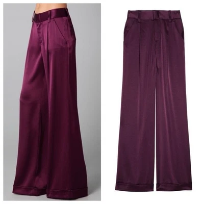 NEW Alice + Olivia Eric Wide Leg Satin Pants (Sz 6) Pleated Cuffed Trousers Plum - Image 1 of 4