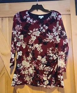 Charter Club Women Plus Size 2X Sheer Lined 3/4 Sleeve Red Floral Ruched Side - Picture 1 of 14
