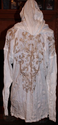 OFF WHITE T shirt donna XL NUOVA CON ETICHETTE Seven7 bordo grezzo bianco sporco scollo a scoop leggera LS con cappuccio