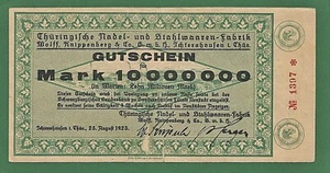 03 460 Notgeld Ichtershausen Thüringische Nadel- u. Stahlwarenfabrik 10 Millione - Picture 1 of 2