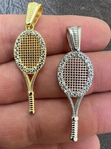 Real 925 Silver 14k Gold Plated Tennis Racket Pendant Necklace Mens Ladies CZ - Picture 1 of 12