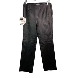 NWT vintage Clio black satin lined straight leg leather pants flat front women 6 - Picture 1 of 10
