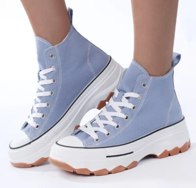 ON TREND BLUE CANVAS PLATFORM HI TOP PLIMSOLL WITH BLACK ACCENT ON SOLE DETAIL