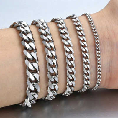 Silver Stainless Steel Curb Cuban Link Chain Bracelet Unisex Women Men 7-11inch - Image 1 of 4
