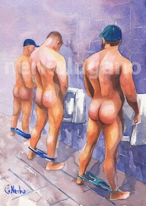PRINT of Original Art Work Watercolor Painting Gay Male Nude "Public toilet 35" - Picture 1 of 1