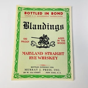 Blandings Maryland Straight Rye Whiskey Label Bottled in Bond Murray Press NY - Picture 1 of 4