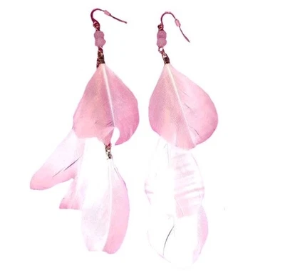 Rose Beads 3 Pink Feathers 2 Chains Cascading Chandelier Gold Plated Earrings - Image 1 of 4