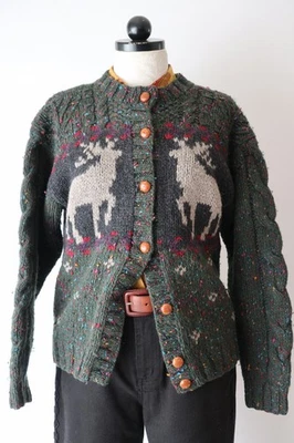 Cardigã suéter feminino anos 90 Woolrich verde Natal renas lã robusto P M - Imagem 1 de 4