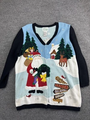 Quacker Factory Sweater Womens Large Christmas Santa Reindeer Cardigan Holiday - Image 1 of 4