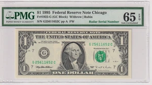 **RADAR W** Fr 1922-G 1995 $1 FRN G25611652C PMG 65EPQ CHICAGO GREEN SEAL - Picture 1 of 2