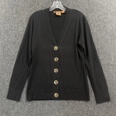 Tory Burch Simone Cardigan Sweater Women's Large Black Wool Gold Logo Button - Image 1 of 4