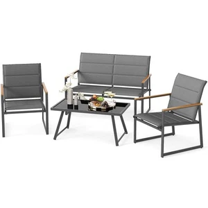 4 PCS Patio Furniture Set w/ Padded Fabric Seat & Wood-Plastic Armrests Table - Picture 1 of 10