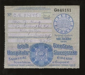 PFERDERENNEN IRISCHE FREISTAATLICHE KRANKENHÄUSER GEWINNSPIEL 1934 DERBY TICKET...G.KING - Bild 1 von 1