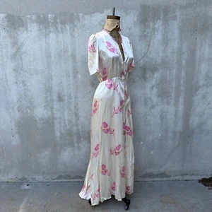 Vestido Vintage Años 40 Blanco y Rosa Satinado Tulipán Estampado Floral Cremallera Frontal Años 30 - Imagen 1 de 9