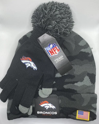 NFL Salute To Service Denver Broncos Knit Black Camo Gloves & Pom Beanie Set Cover