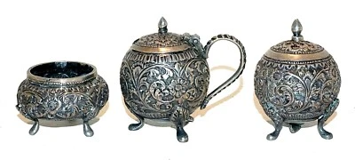 Mini contenedores de condimentos de plata asiática vintage de 3 piezas patrón de relieve de desplazamiento (ThB) Foto 1 de 4