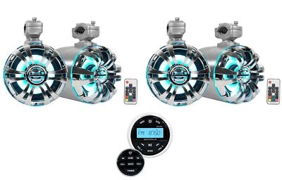 (4) Rockville WB65KLED 6.5" LED Marine Wakeboard Swivel Tower Speakers+Receiver - Image 1 of 4