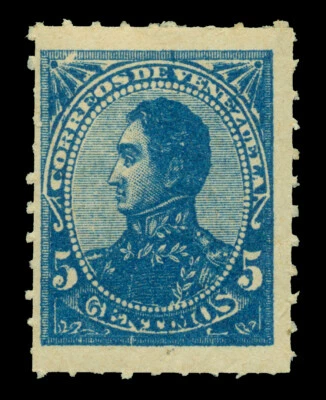 VENEZUELA 1887 Simon BOLIVAR 5c  blue rouletted  Scott 92 mint MLH VF - Image 1 of 2