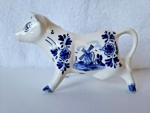 Vintage Delft Blue Hand Painted Blue & White Cow Creamer Tail Is Handle EUC - Picture 1 of 8
