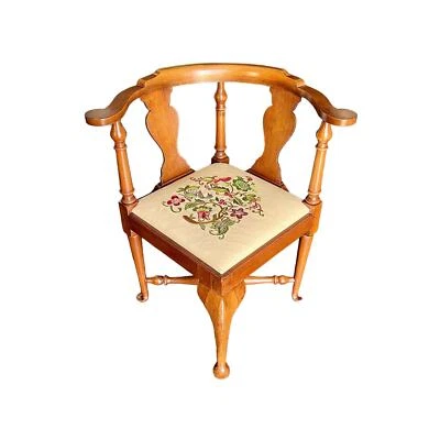 Needlepoint Corner Chair ca 1960s-Crewel Seat Mahogany-18th Century Reproduction - Image 1 of 4