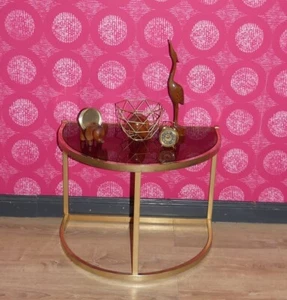 70er kleiner Konsolentisch Ablage Nachttisch Messing Rauchglas retro gold space - Bild 1 von 10