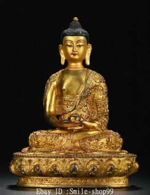 8.6" Antiguo Nepal Cobre Dorado Pintura Menla Medicina Buda Medical Dios Estatua Foto 1 de 4