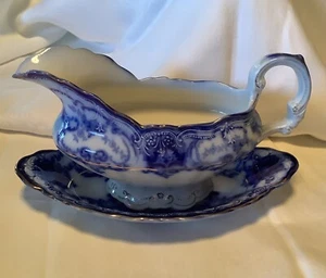 John Maddock & Sons Ltd Gravy Boat Plate/ Relish “Dainty” C 1900 Gold Trim Blue - Picture 1 of 18