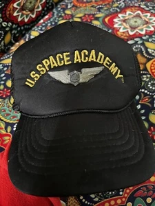 Vintage 80s Official US Space Camp Academy Black Trucker Hat w/ Metal Wings Pin - Picture 1 of 7