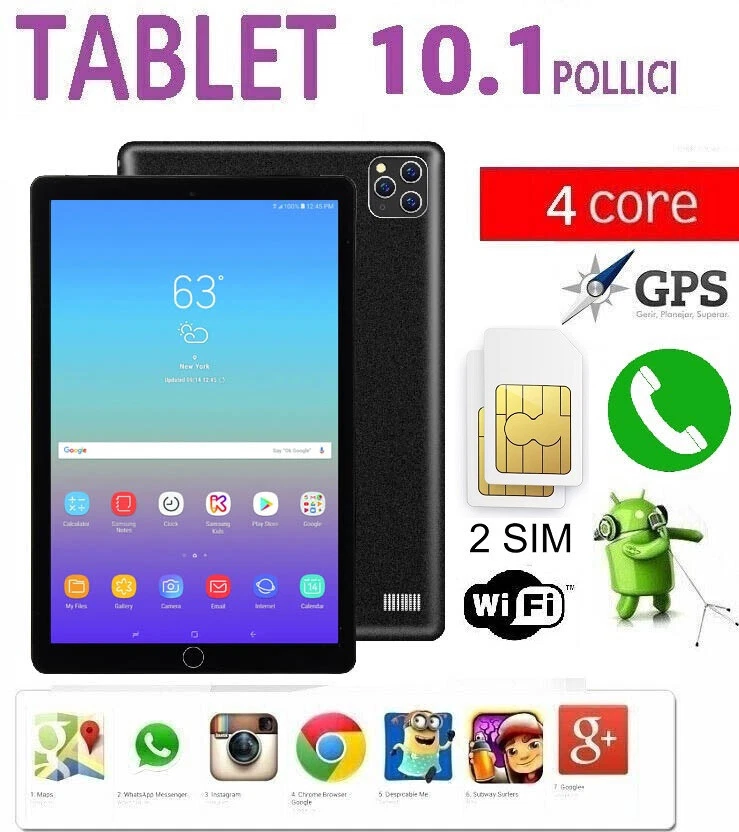 TABLET PC 10"POLLICI TELEFONO SIM NAVIGATORE GPS WEB ANDROID 7 1000GBrom 7 GBram - Immagine 1 di 4