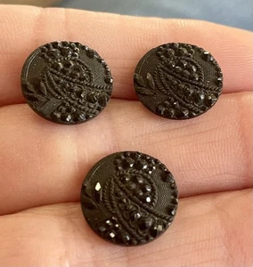 3 VTG Antique Victorian 1/2” Black Glass Button Wire Carved Floral D92 - Picture 1 of 5