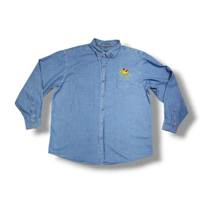 30 Wild Years Rainforest Cafe Button Down Blue Denim Embroidered Shirt 2XL - Image 1 of 4