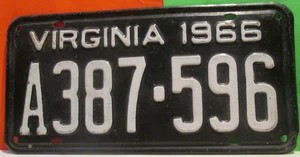 VINTAGE 1966 U S VIRGINIA LICENSE PLATE TAG B&W A387 596 MORE PLATES LISTED - Picture 1 of 2