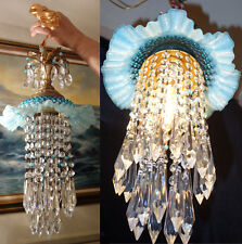 1 Vintage Fenton AQUA Jelly Fish Glass hanging brass tole SWAG Lamp chandelier