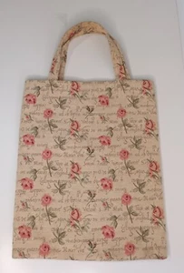 Vintage Tote Bag Woven Canvas Roses Script Beige Handcrafted 80s - Picture 1 of 4