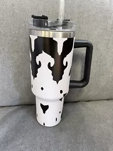 40oz White Cow Print Tumbler Cup w/Handle & Straw -Insulated Travel Mug - Picture 1 of 3