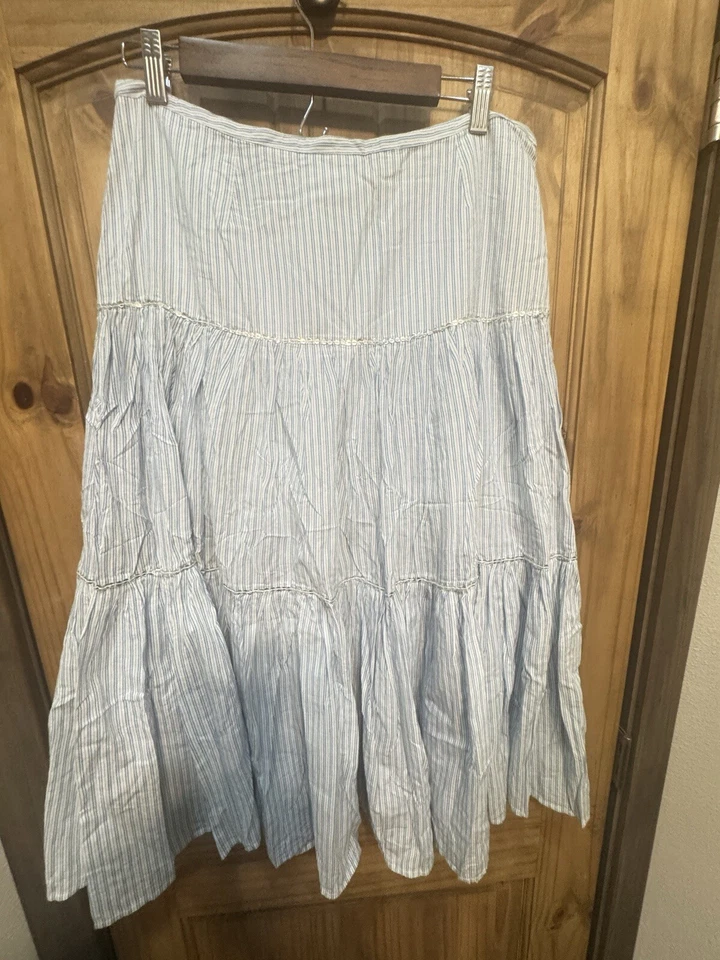 Emma James Skirt Midi Striped Blue White Flowy Lace Cottagecore Prairie Size 12 - Image 1 of 4