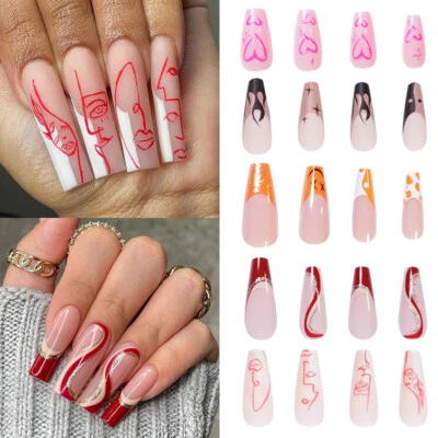 24-Teiliges Set Mit Herzförmigen Französischen Künstlichen Nägeln Langem  / - Bild 1 von 4